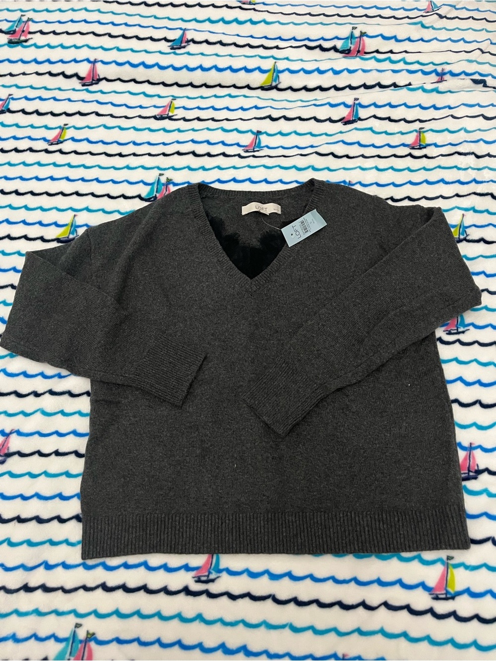 NWT Loft Charcoal V-Neck Women’s Sweater with lace detail
